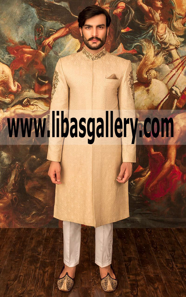 Wedding Sherwani Suit light color Embellishment on Collar and Arm 2018