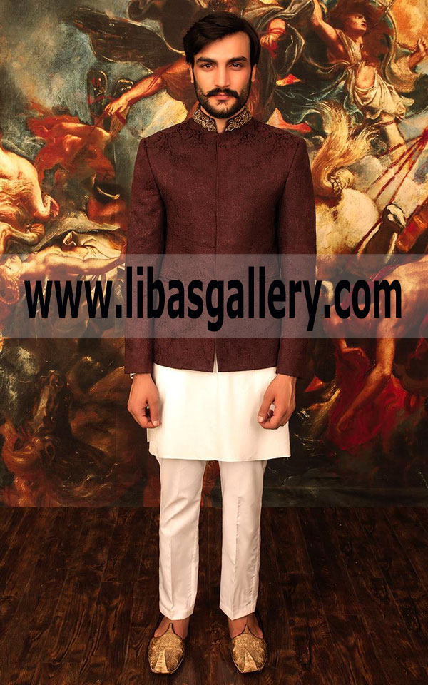 Dark Color Indo Western Style Sherwani Suit for Asian Groom Dulha bhai 2018