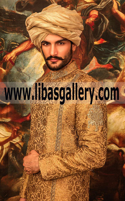 Custom Made Groom Wedding Jamawar Banarsi Sherwani 2018 With Turban And Matching Khussa Shadi 