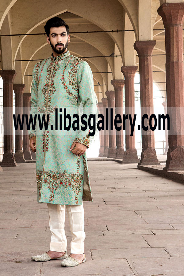 Light Green Color Embellished Wedding Sherwani Suit for Groom 2018