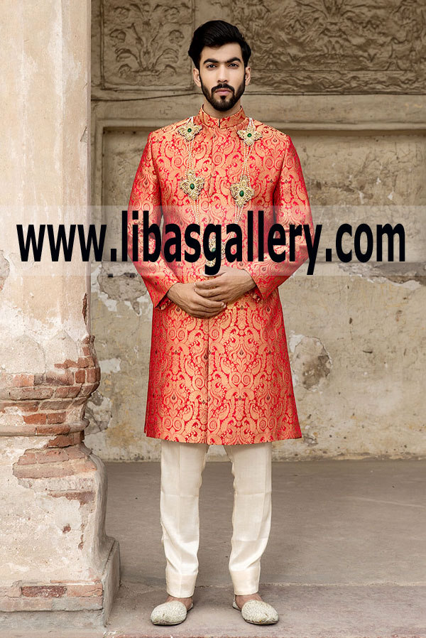 Dulha Wearing Jamawar Banarsi Shadi Embroidered Sherwani UAE Dubai Abu dhabi