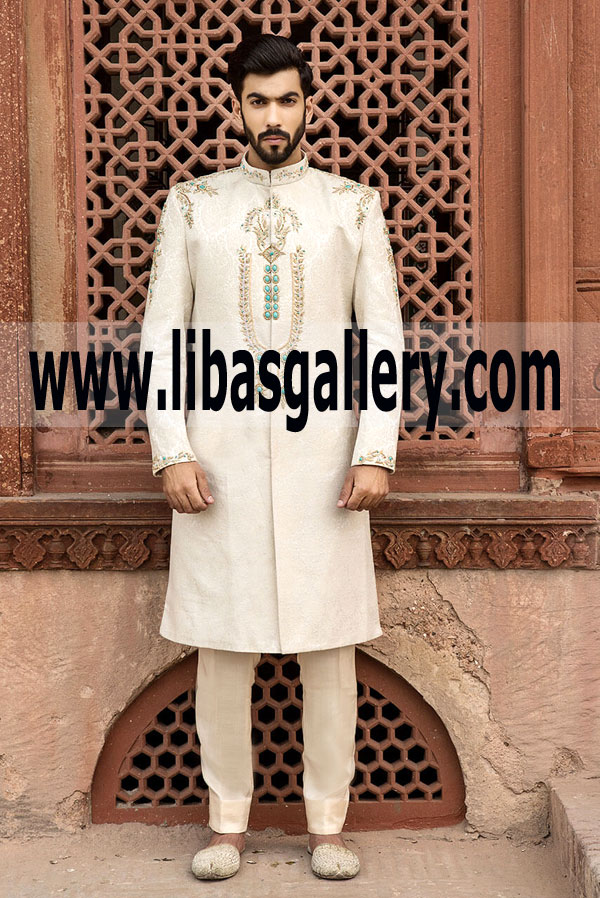 Off White Stylish Groom Wedding Sherwani Bespoke A