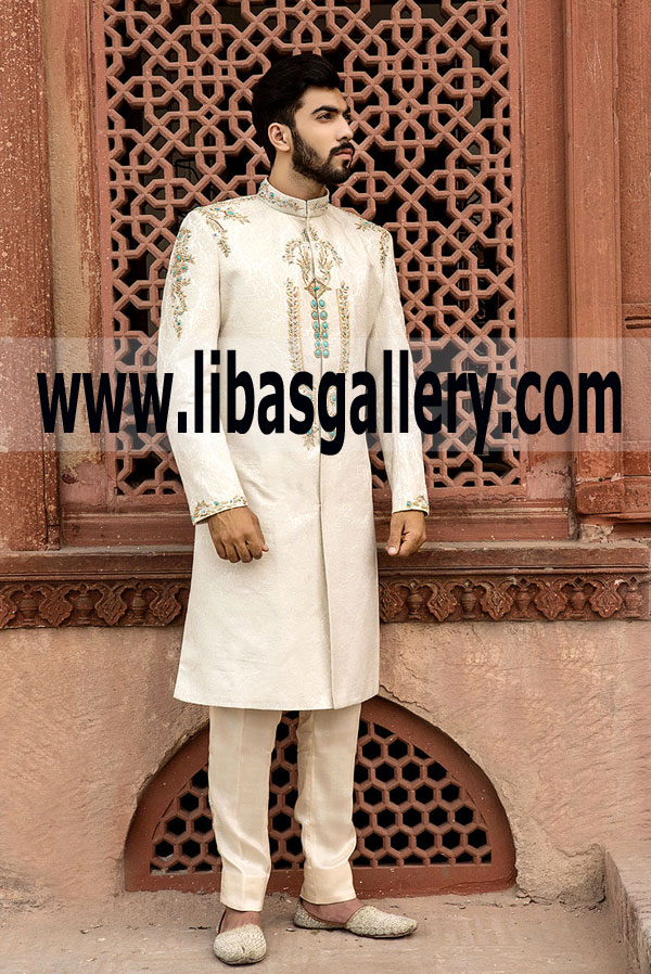 Off White Stylish Groom Wedding Sherwani Bespoke A