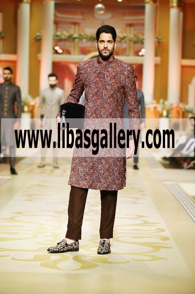 Embellished Wedding Sherwani for Groom Dulha with Cap Topi Tussel Dubai Pakistan UK KSA