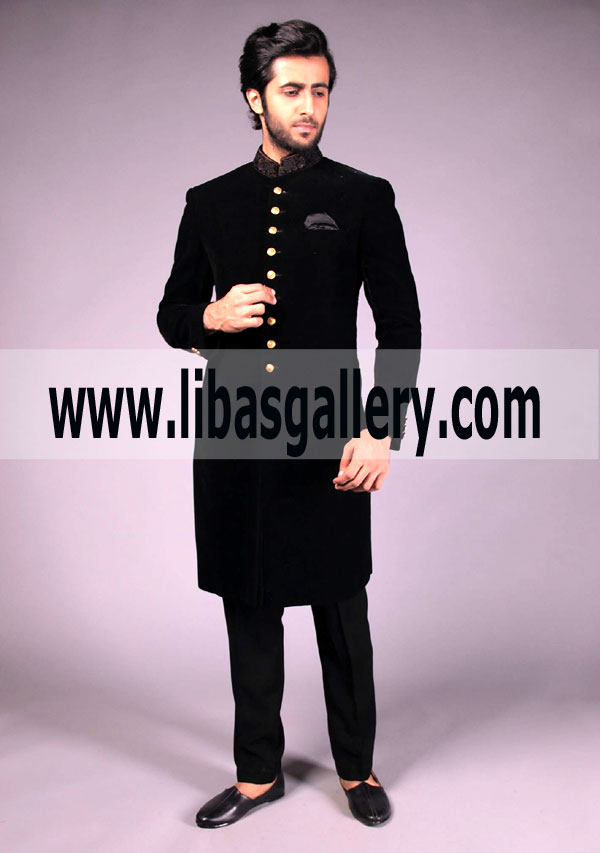 Amir Adnan Velvet Sherwani in Black Color 2018 with Custom Stitching and Classic Fitting Toronto Canad