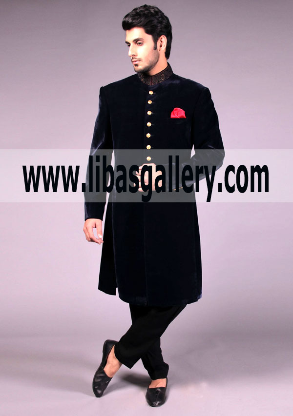 Amir Adnan Black Velvet Sherwani is Famous among Groom Dulha Family because of its Enhanced appearence Pakistan