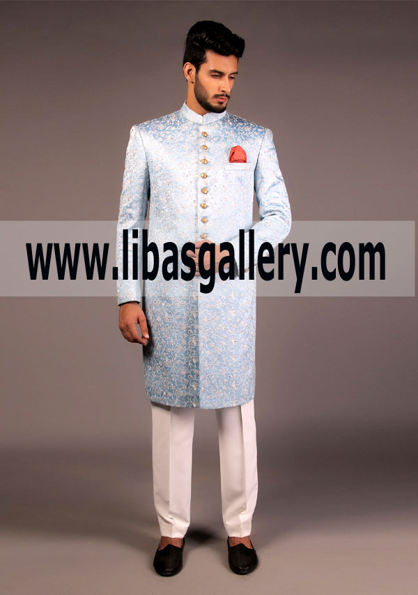 Most Wanted Ice Blue Color Satin Sherwani 2018 for Groom Dulha