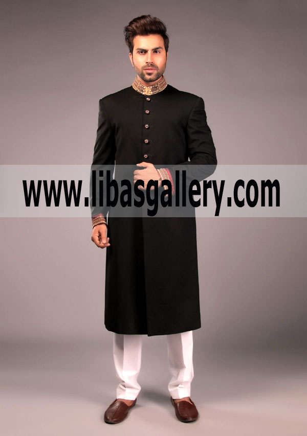 Outstanding Black Suiting Fabric Sherwani for Groom 2018
