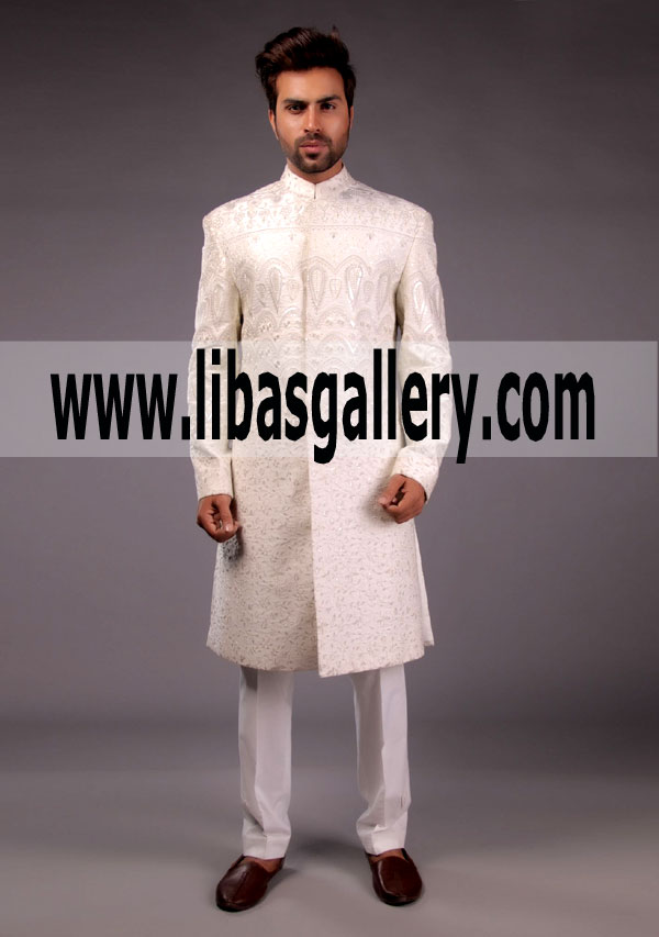 Amir Adnan All over Off White Signature Embroidered Sherwani Groom 2018 Qatar Doha 