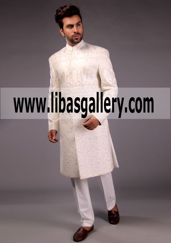 All over Off White Signature Embroidered Sherwani Groom 2018