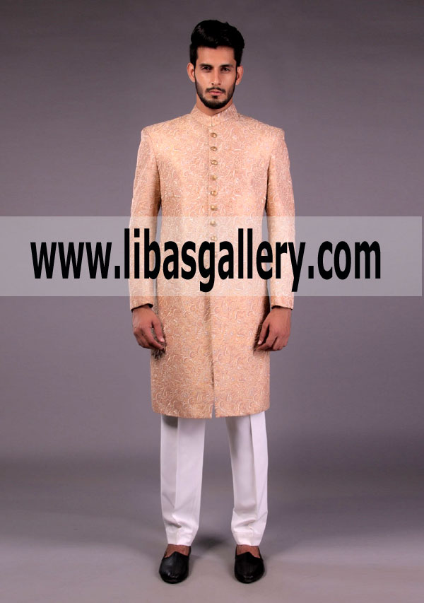 Embroidered Peach color sherwani for Nikah Barat 2018