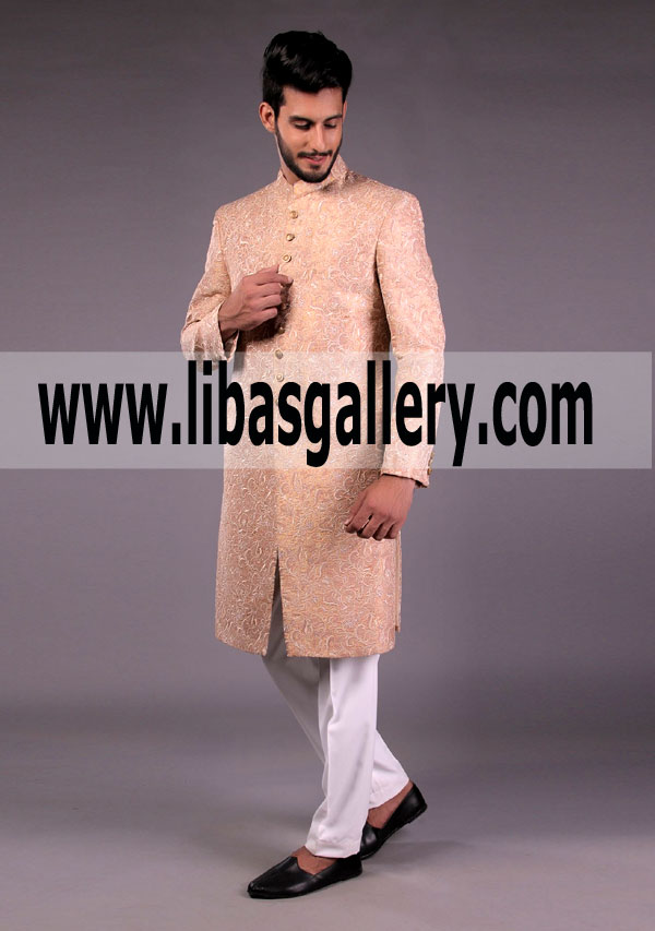 Embroidered Peach color sherwani for Nikah Barat 2018