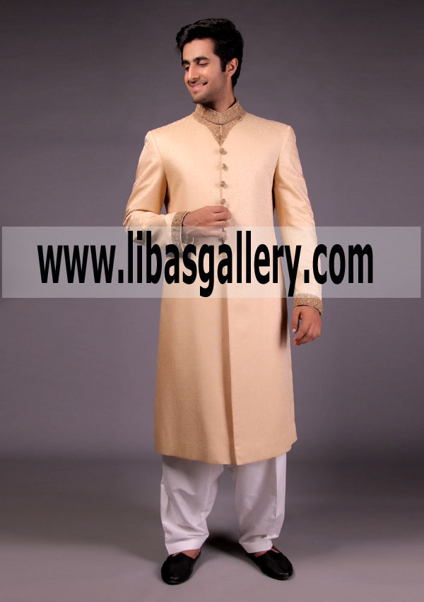 Offer of the year 2018 Amir Adnan Sherwani hand work on Collar sleeves beige color Karachi Pakistan