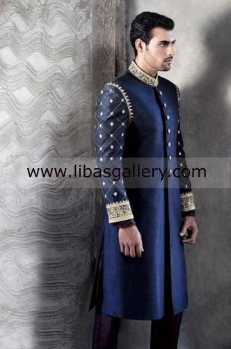 Royal Prussian Blue Wedding Sherwani Amir adnan Zardozi work on Sleeves and Collar UK USA Canada Dubai Australia