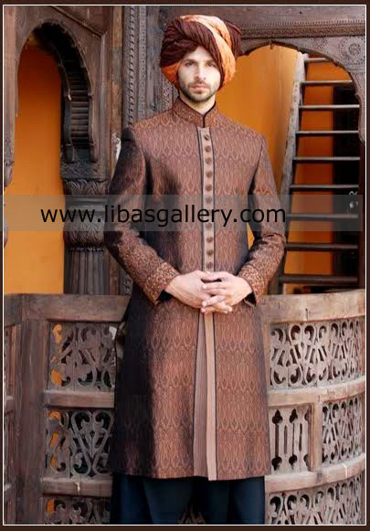 Amir adnan dark shade wedding sherwani for groom Turban khussa on addtional price UK USA Canada