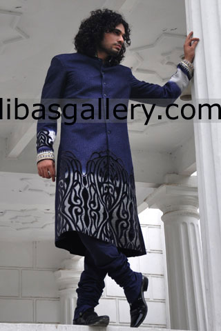 Blue Wedding sherwani Embroidery on daman for big curly hair groom UK USA Canada