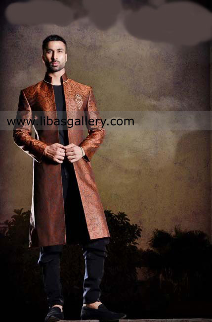 Straight cut Button less Wedding Sherwani for Groom
