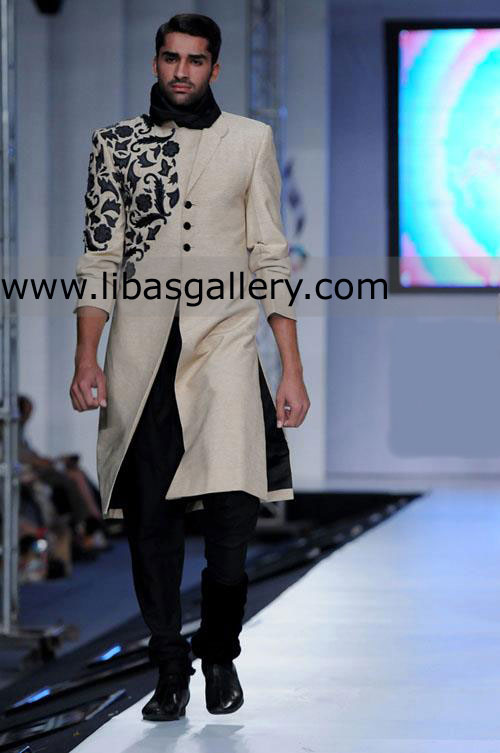 High Neck Velvet Collar Embroidered Sherwani for Men