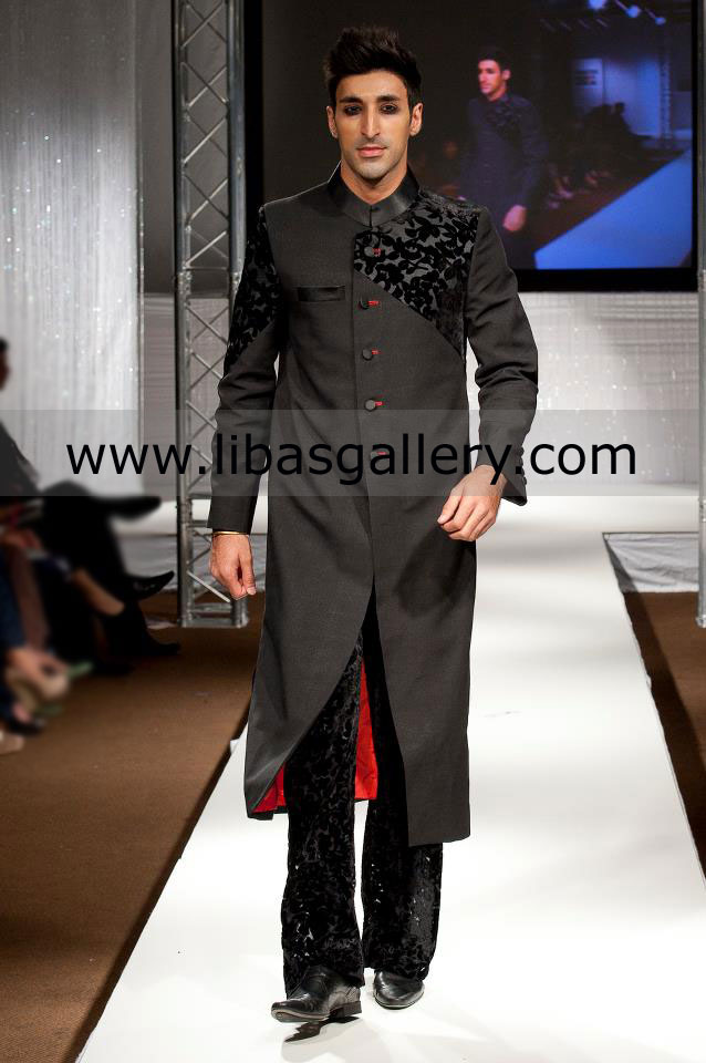 Black long wedding sherwani for groom work on left panel and arm saudi arabia oman qatar