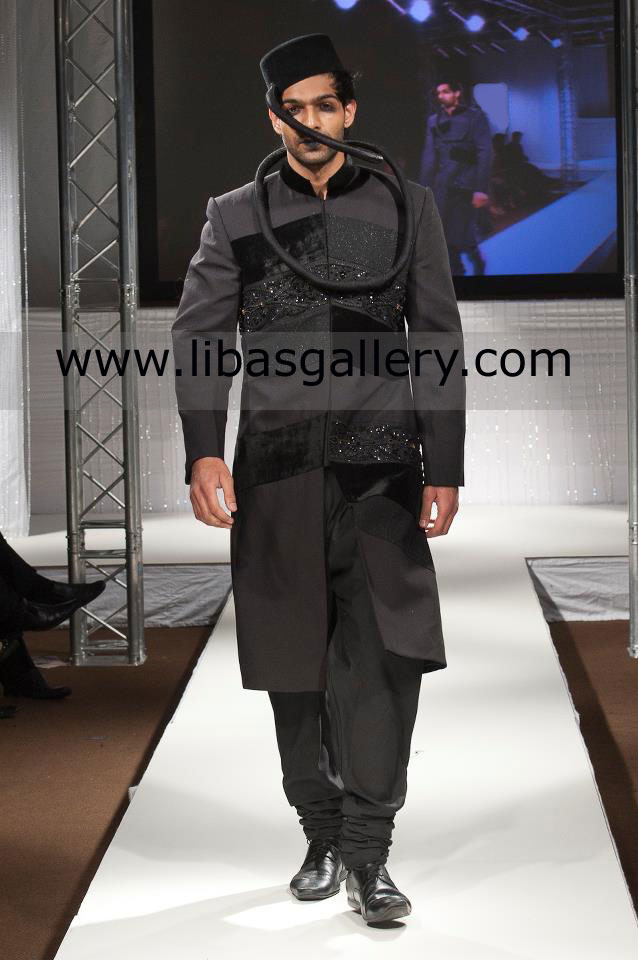black sherwani work on upper and lower front with matching cap best price uk usa canada