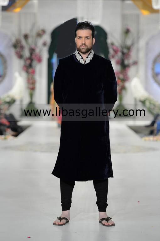 jet black sherwani in jet black velvet fabric silver work on collar fancy type saudi arabia jeddah riyadh