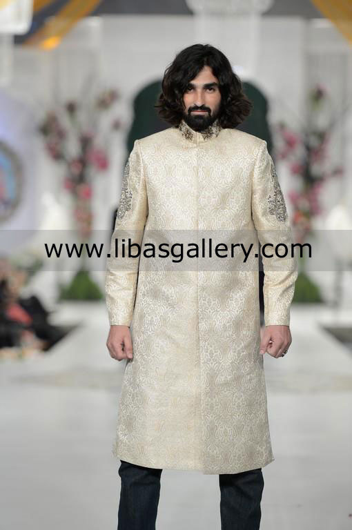 Ivory off white wedding sherwani jamawar collar work motif fancy type on arms new jersey texas USA