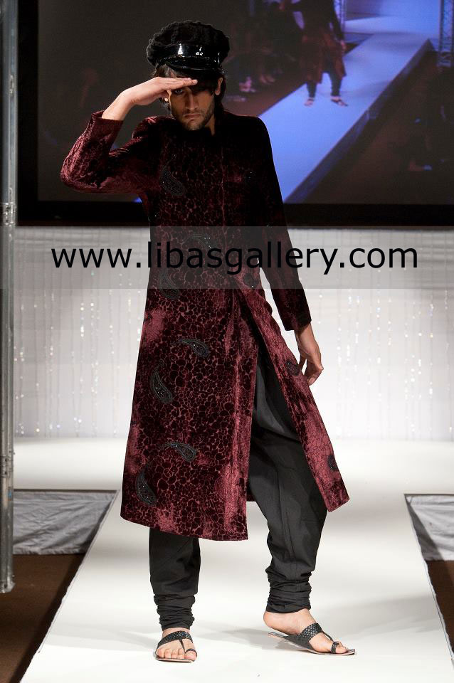 velvet sherwani with work on front beautiful look nice fitting for groom london southhall UK