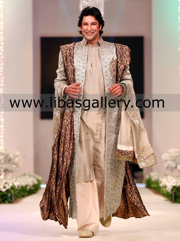 jamawar embroidered wedding sherwani silver compliment with kurta shalwar suit wasim akram london birmingham UK