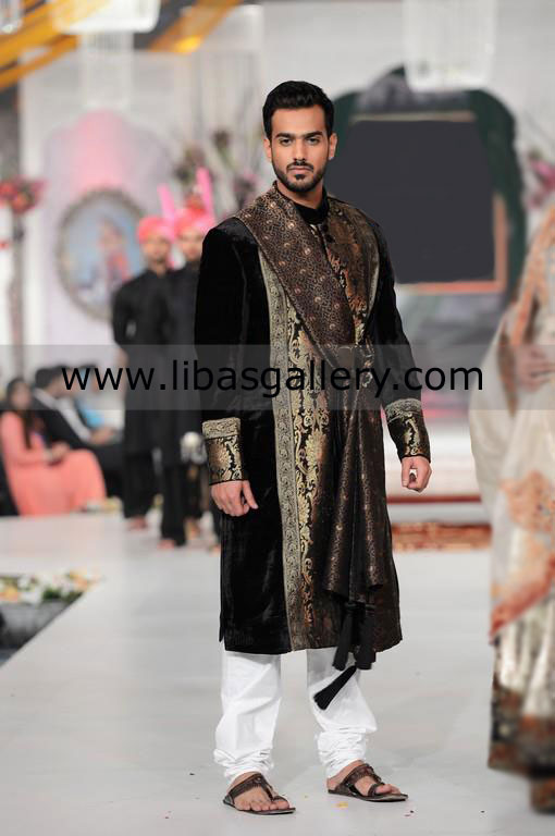 Special Black Wedding Sherwani for groom jamawar cuff