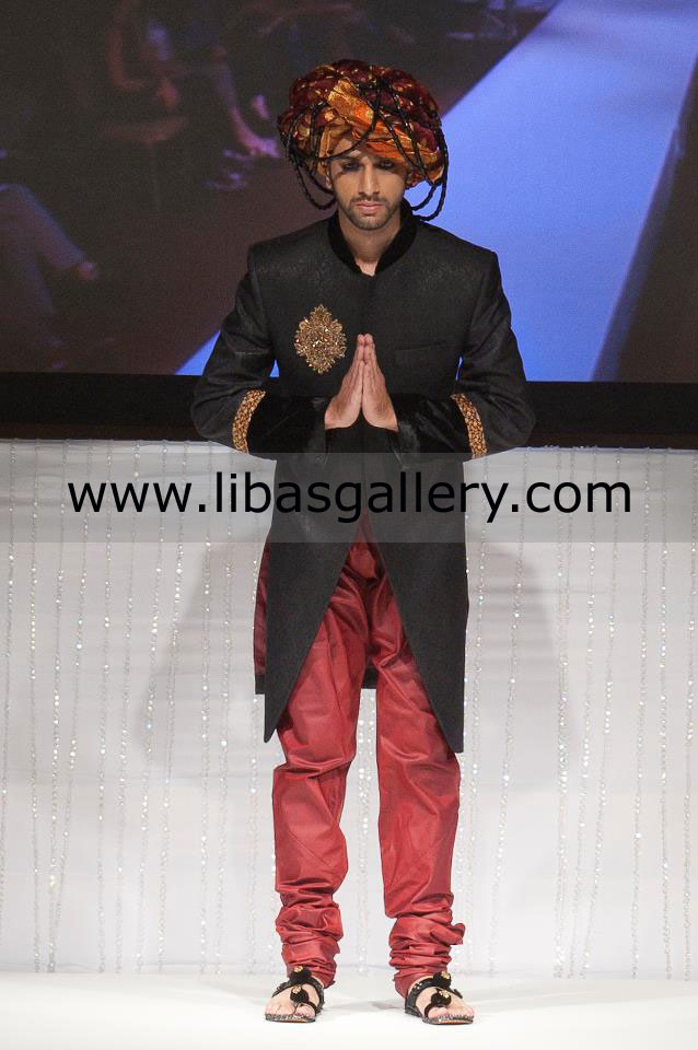 Black Wedding Sherwani right panel motif and cuff embellishment