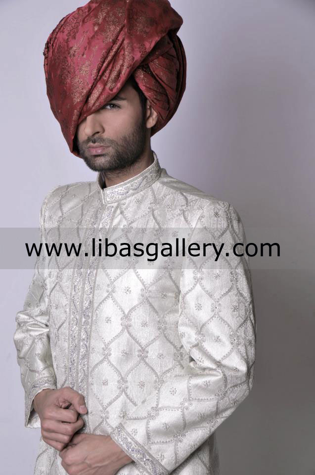 amazing silver sherwani in jamawar embellished collar cuff and front sheffield leeds UK