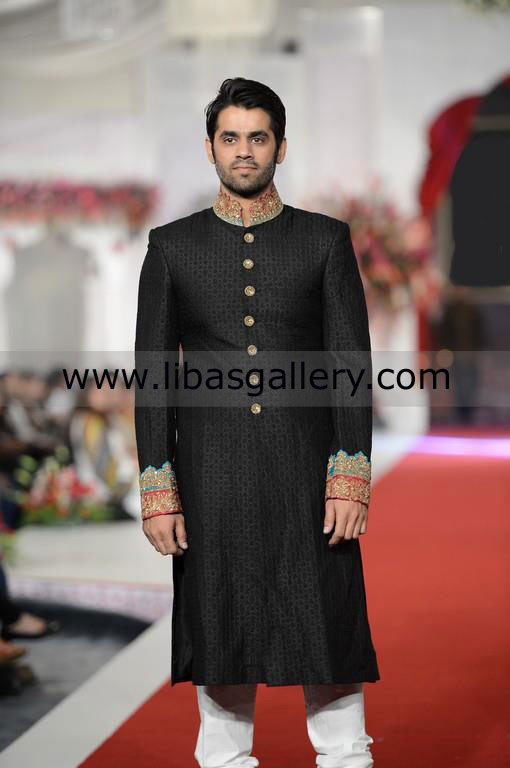 excellent gold work wedding sherwani for groom long length back motif chicago houston USA