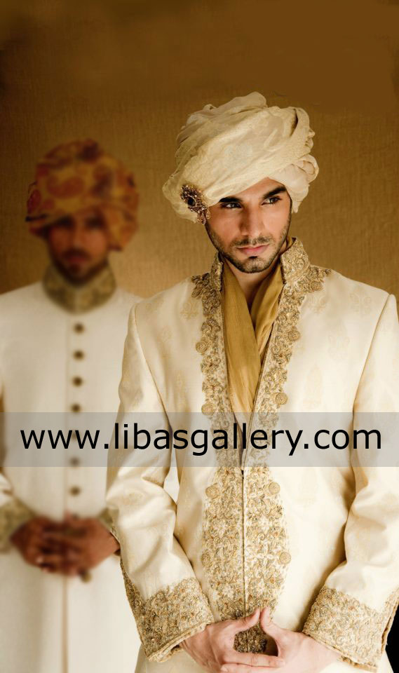 Noble Family Embellished light shade wedding sherwani turban khussa on additional UK USA Canada