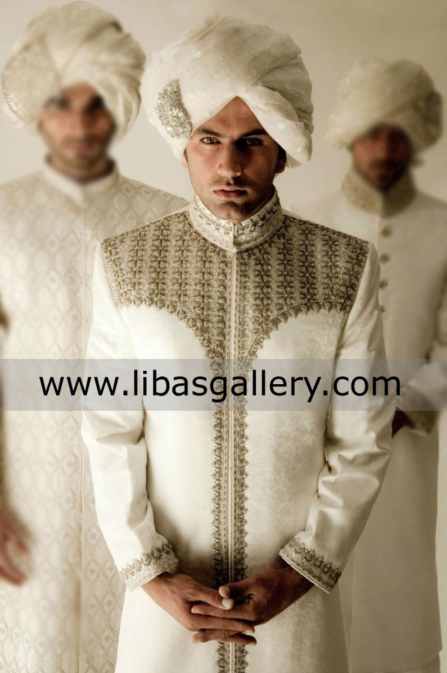 Barat Nikah Sherwani in off white color in jamawar and raw silk beautiful hand work high quality Sydney Brisbane Australia