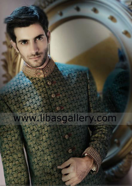 Fair Complexion Groom Green Designer Wedding Sherwani