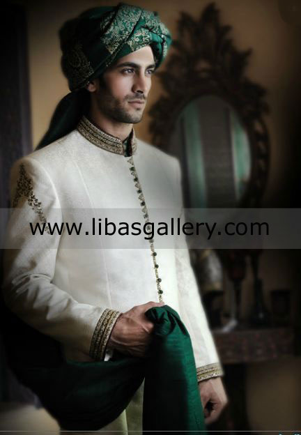 Amir Adnan off white embellished raw silk Sherwani antique work on collar cuff Blackburn Cardiff UK