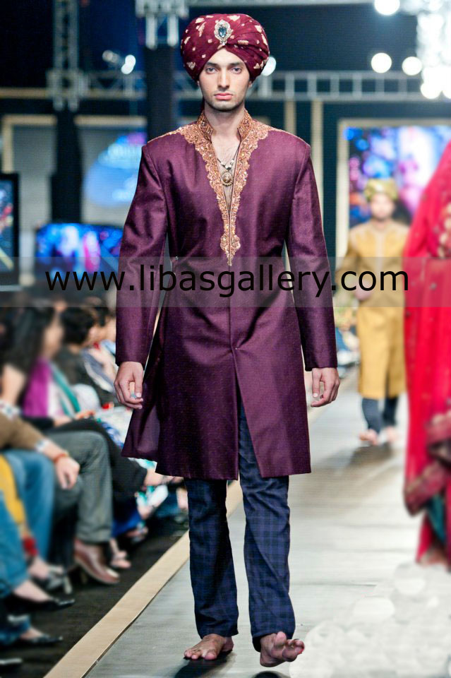 Amazing Purple V neck style Groom Wedding Sherwani Antique Work