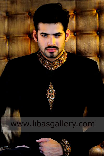 Traditional Black Wedding Sherwani Antique work on collar cuff and front
