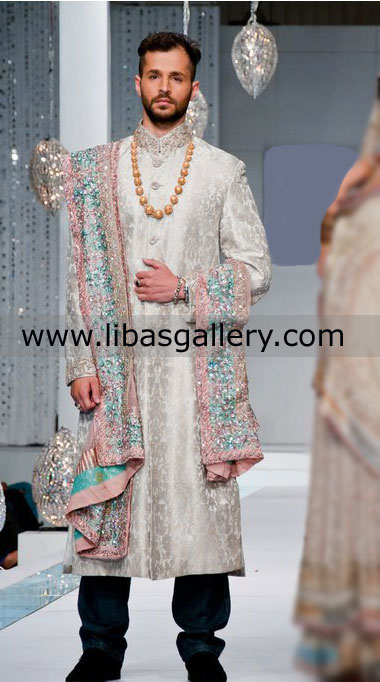 Gray color jamawar wedding sherwani for groom nikah work on collar UK Saudi arabia Qatar
