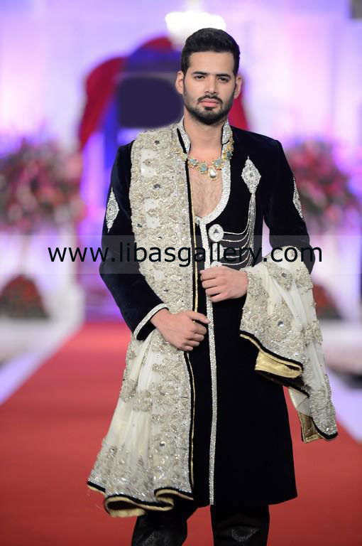 black U shape neck wedding sherwani for groom with white embroidery front sleeves shop online europe asia america