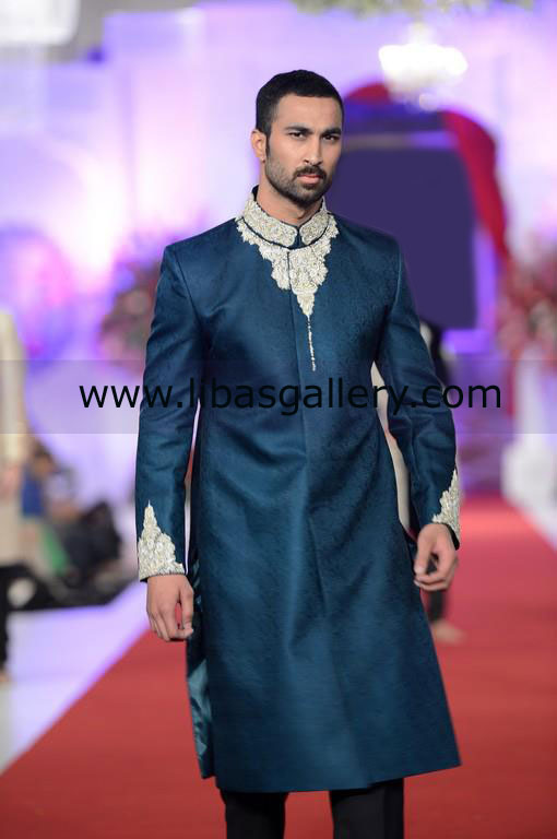 blue wedding sherwani silver shiny work on collar and sleeves best for nikah ceremony UK USA Canada