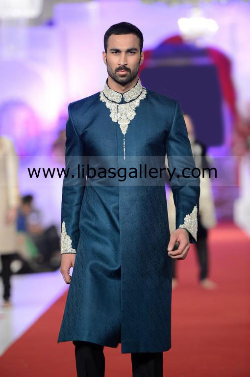 Blue Wedding Sherwani with Silver work for groom