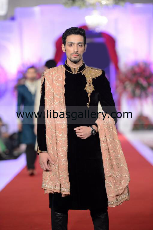 Black Velvet Groom sherwani for Cool weather Weddings