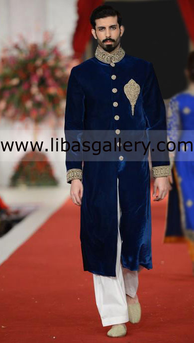 Blue Velvet Embellished Wedding Sherwani for Groom