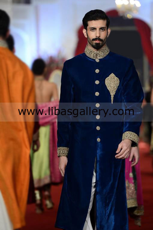 Blue Velvet Embellished Wedding Sherwani for Groom