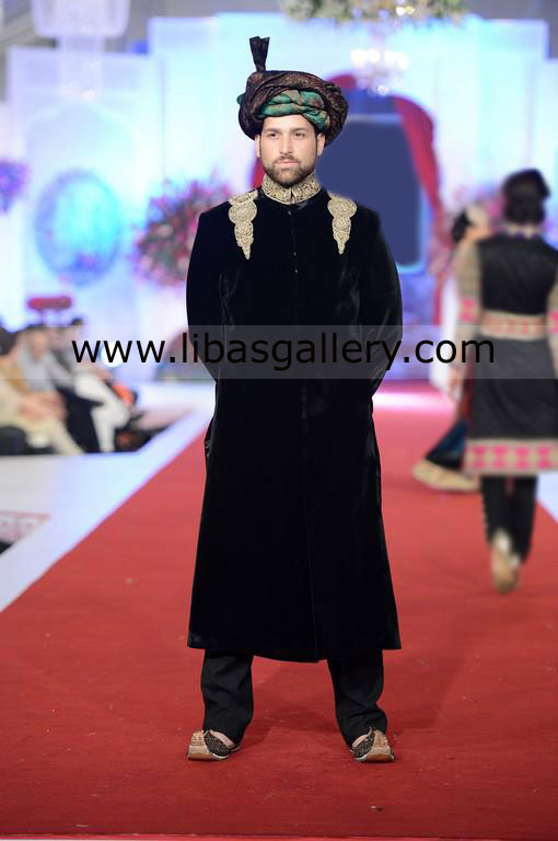 Black Velvet Wedding Sherwani banarsi gold work