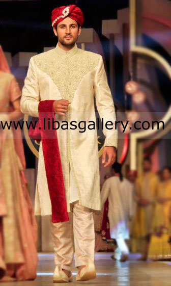 Business man groom in cream embellished wedding sherwani v shape front work Richmond Hill New York NY US
