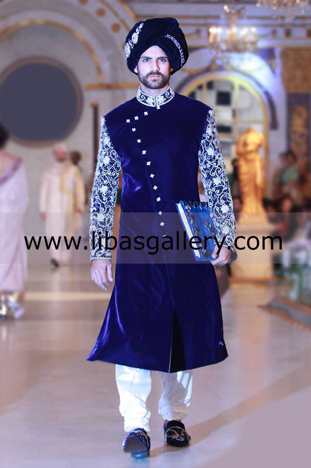 Blue Velvet Pakistani Designer Sherwani Style Full Groom Package