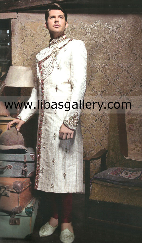 off white Angrakha Style Groom Wedding Sherwani Daisy
