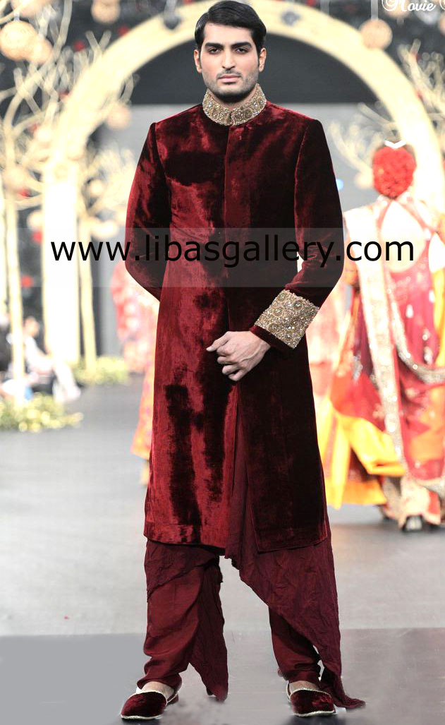 Maroon Velvet Sherwani Excellent Quality wide work cuff for Groom